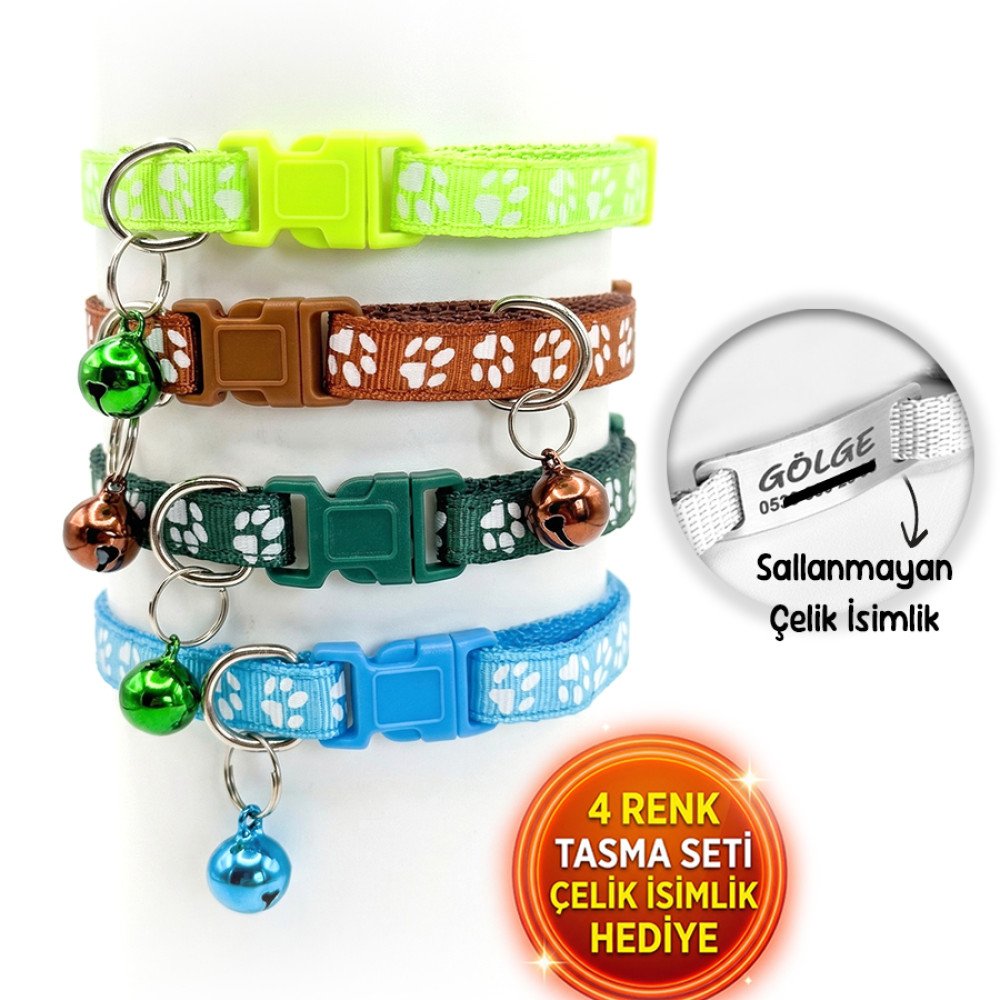 4 Renk Kedi Tasması Seti Çelik İsimlik Hediyeli Pati Desen 2