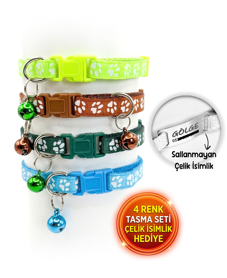 4 Renk Kedi Tasması Seti Çelik İsimlik Hediyeli Pati Desen 2