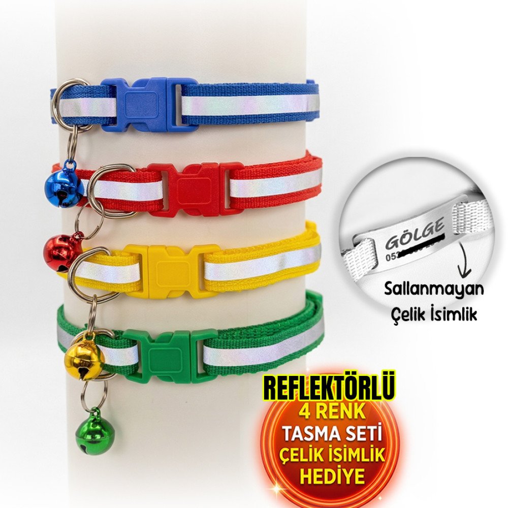 4 Renk Kedi Tasması Seti Çelik İsimlik Hediyeli Reflektörlü