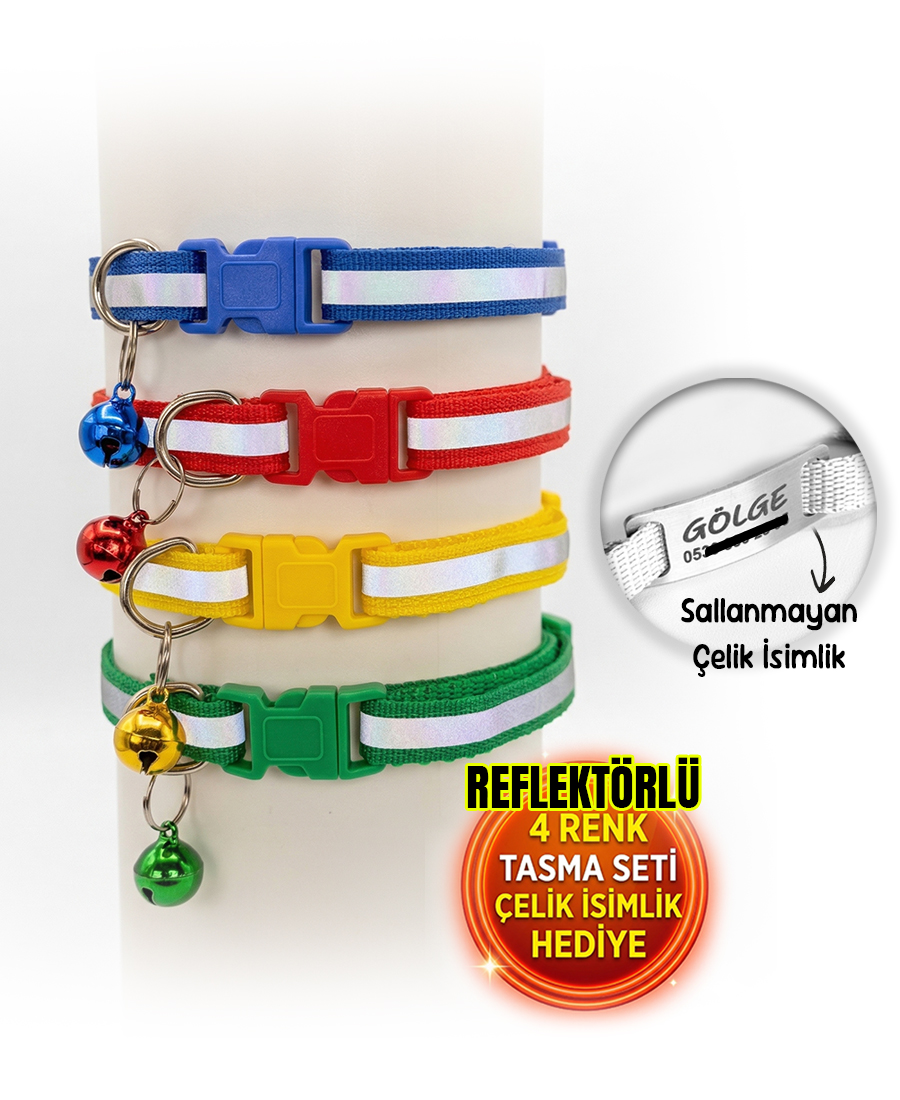 4 Renk Kedi Tasması Seti Çelik İsimlik Hediyeli Reflektörlü