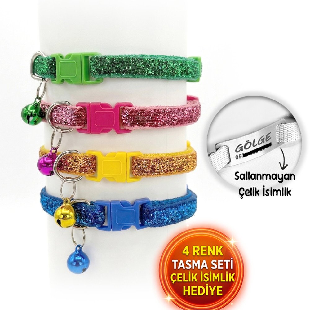 4 Renk Kedi Tasması Seti Çelik İsimlik Hediyeli Sim Işıltılı