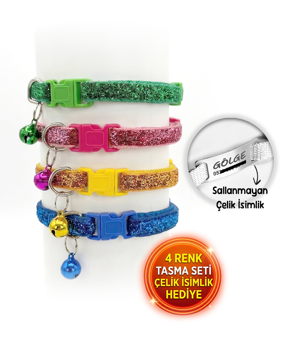 4 Renk Kedi Tasması Seti Çelik İsimlik Hediyeli Sim Işıltılı