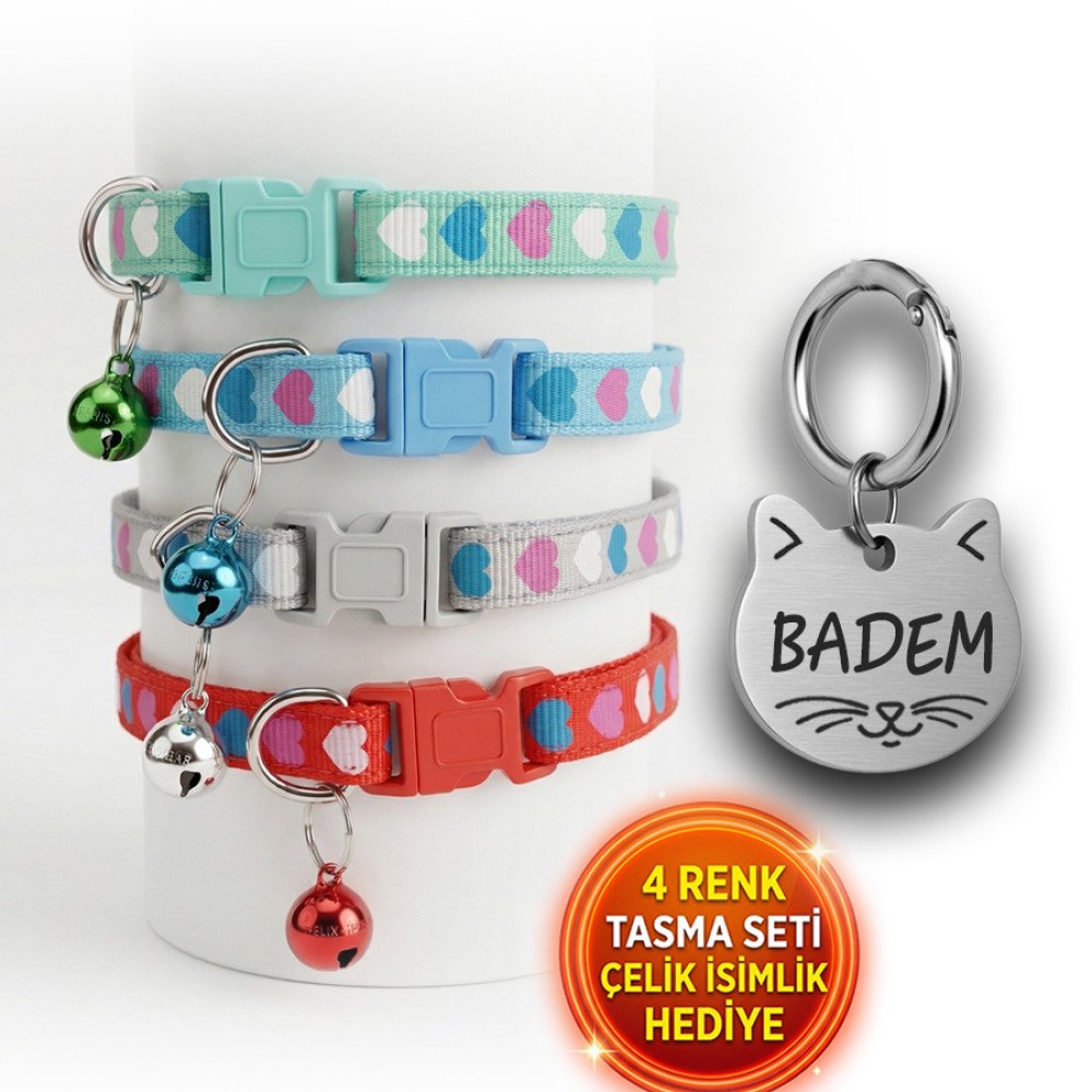 Künye Hediyeli 4 Renk Kedi Tasması Seti Kalp Desen