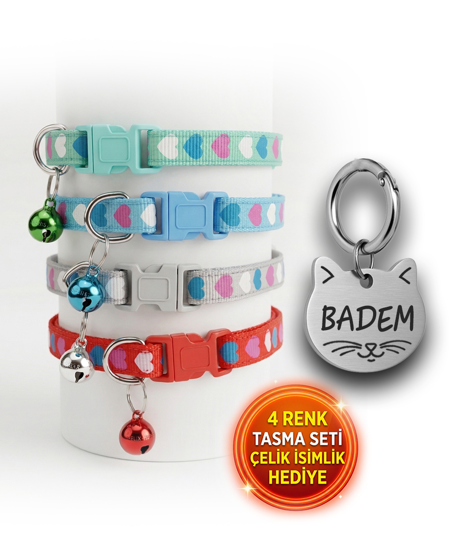 Künye Hediyeli 4 Renk Kedi Tasması Seti Kalp Desen