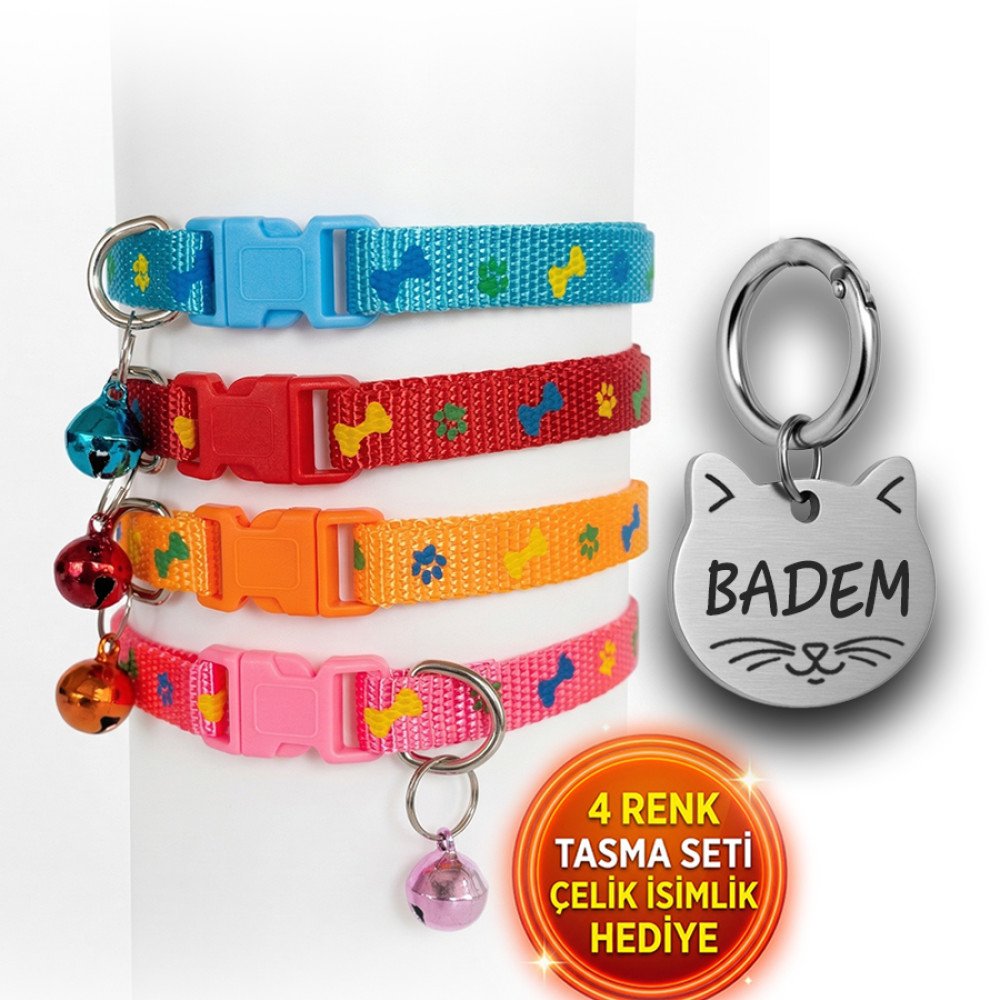 Künye Hediyeli 4 Renk Kedi Tasması Seti Pati Desen 1