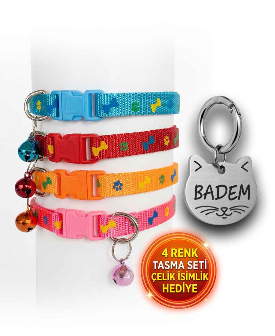 Künye Hediyeli 4 Renk Kedi Tasması Seti Pati Desen 1