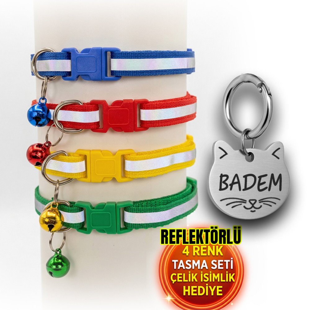 Künye Hediyeli 4 Renk Kedi Tasması Seti Reflektörlü
