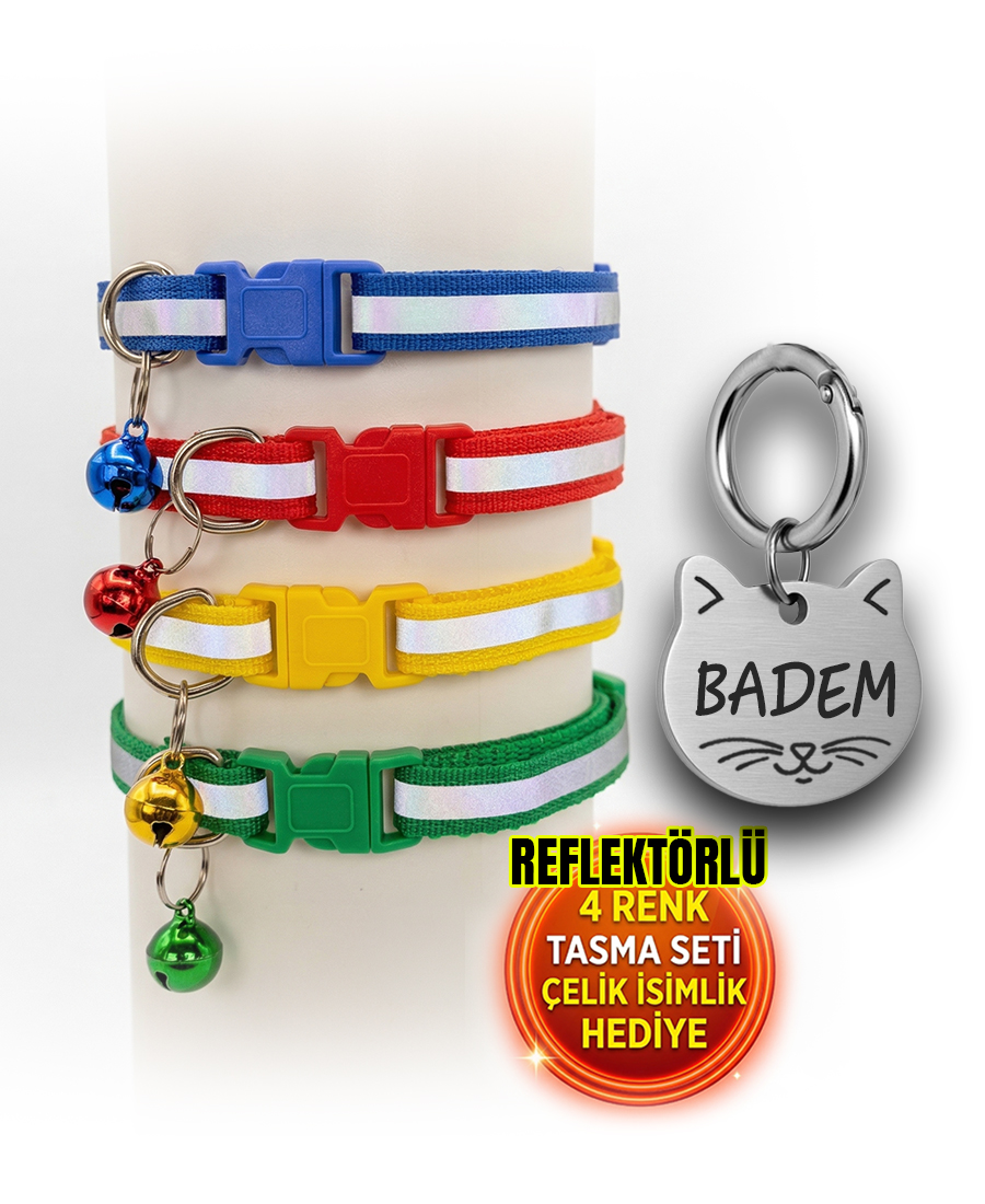 Künye Hediyeli 4 Renk Kedi Tasması Seti Reflektörlü