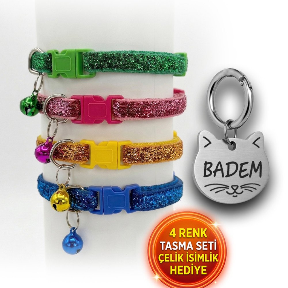 Künye Hediyeli 4 Renk Kedi Tasması Seti Sim Işıltılı
