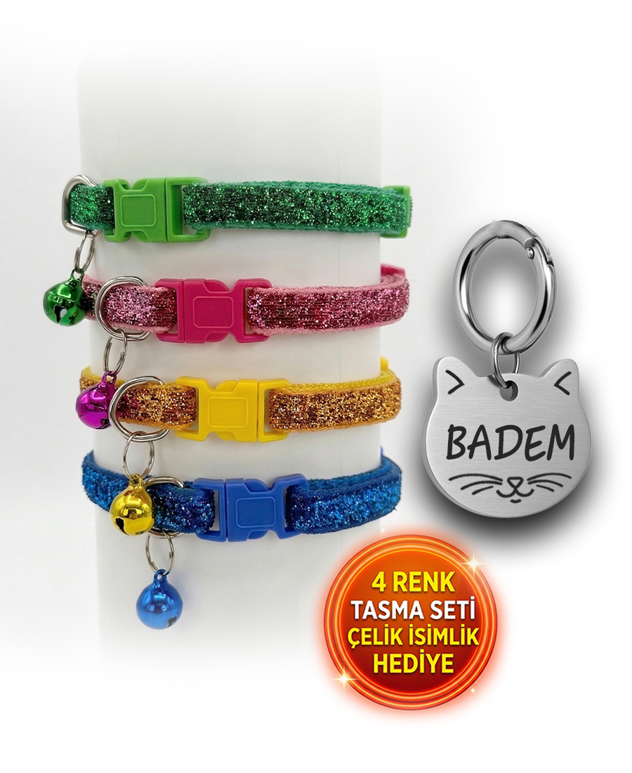 Künye Hediyeli 4 Renk Kedi Tasması Seti Sim Işıltılı