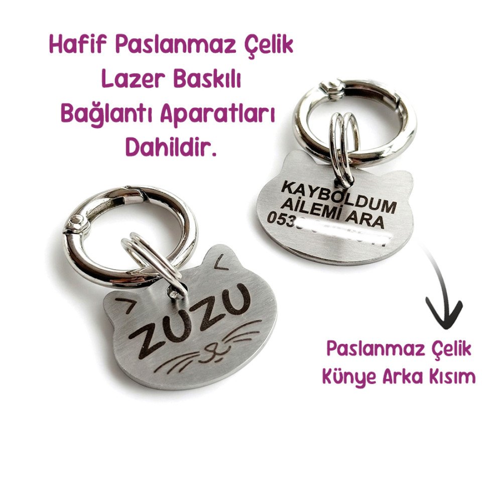 Künye Hediyeli 4 Renk Kedi Tasması Seti Pati Desen 2