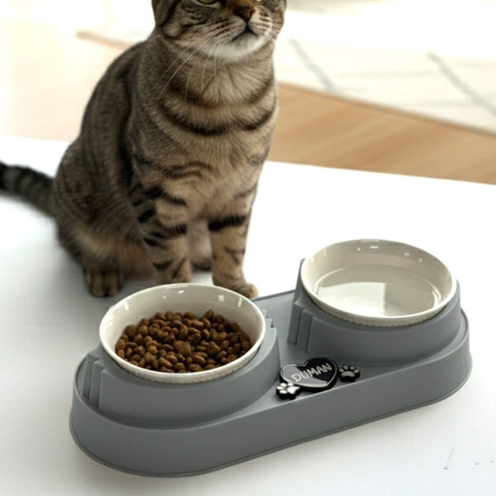 Gri Plastik Porselen Kaseli İsme Özel Mama Standı 