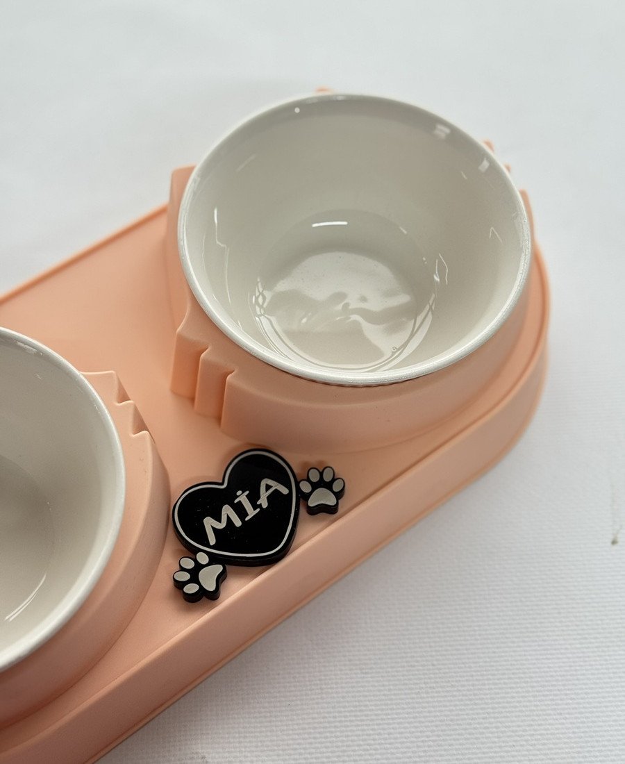 Pembe Plastik Porselen Kaseli İsme Özel Mama Standı