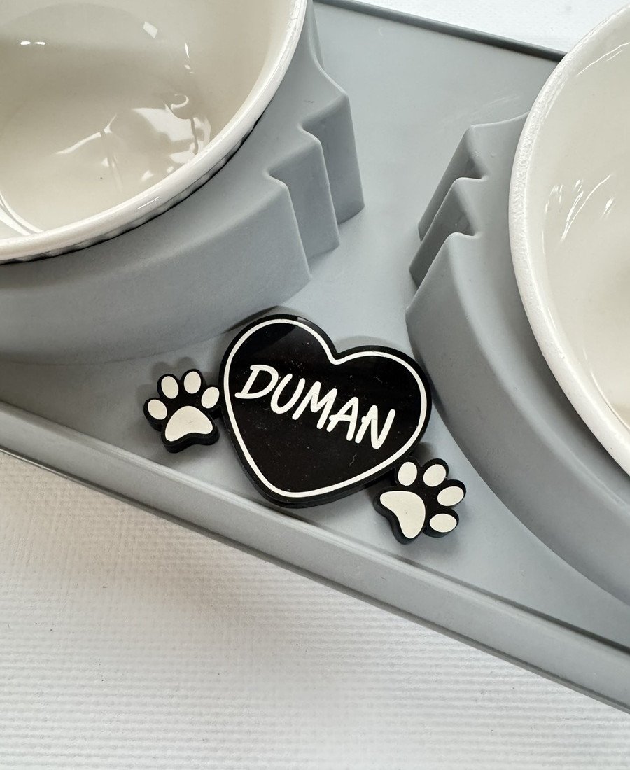 Gri Plastik Porselen Kaseli İsme Özel Mama Standı