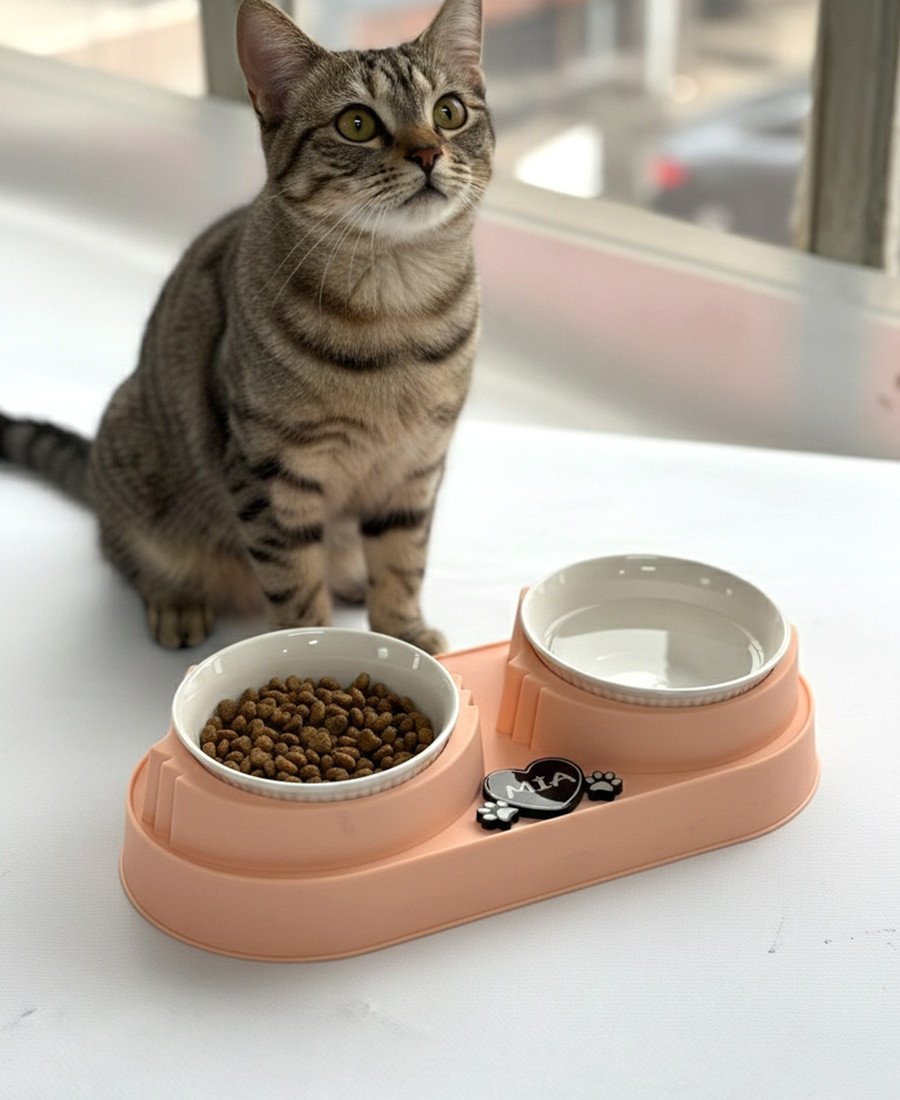 Pembe Plastik Porselen Kaseli İsme Özel Mama Standı 