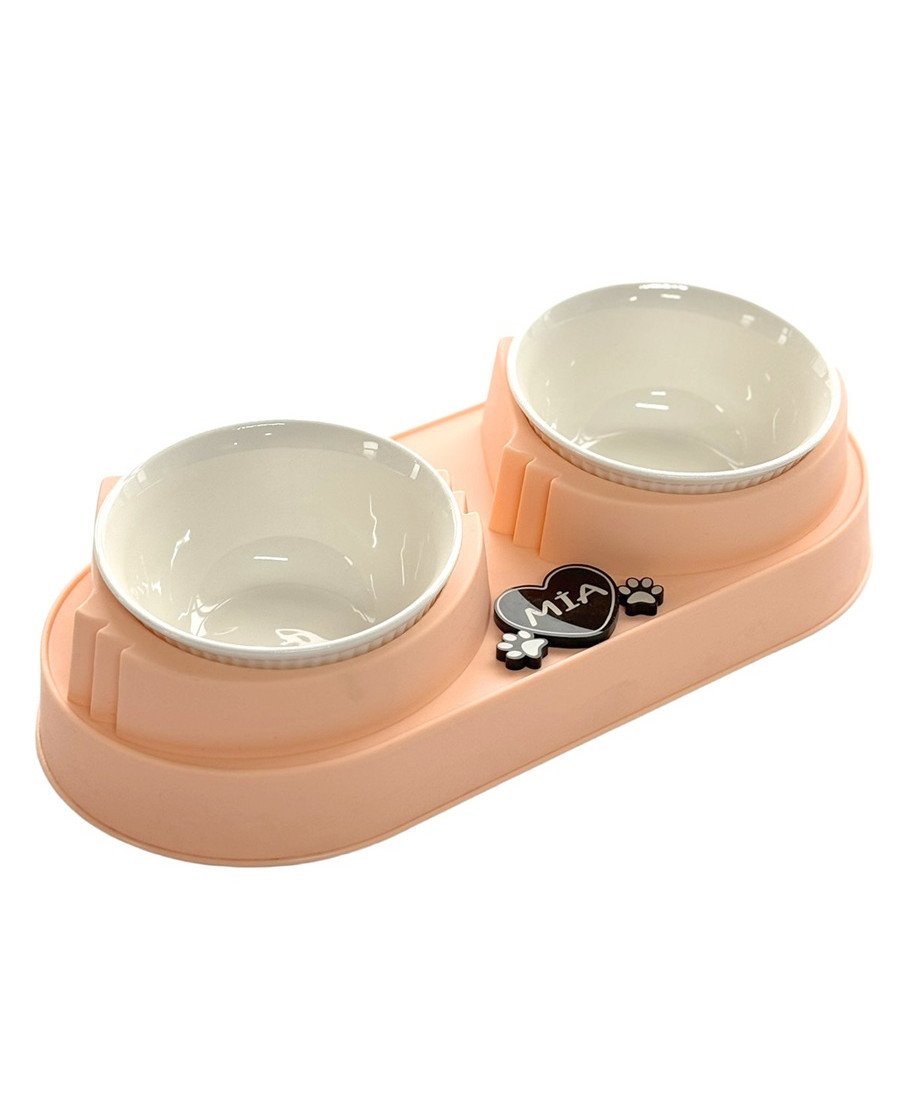 Pembe Plastik Porselen Kaseli İsme Özel Mama Standı