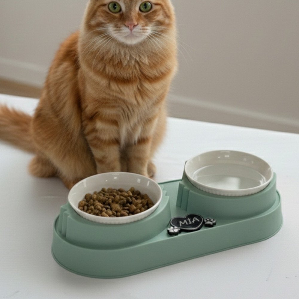 Yeşil Plastik Porselen Kaseli İsme Özel Mama Standı 