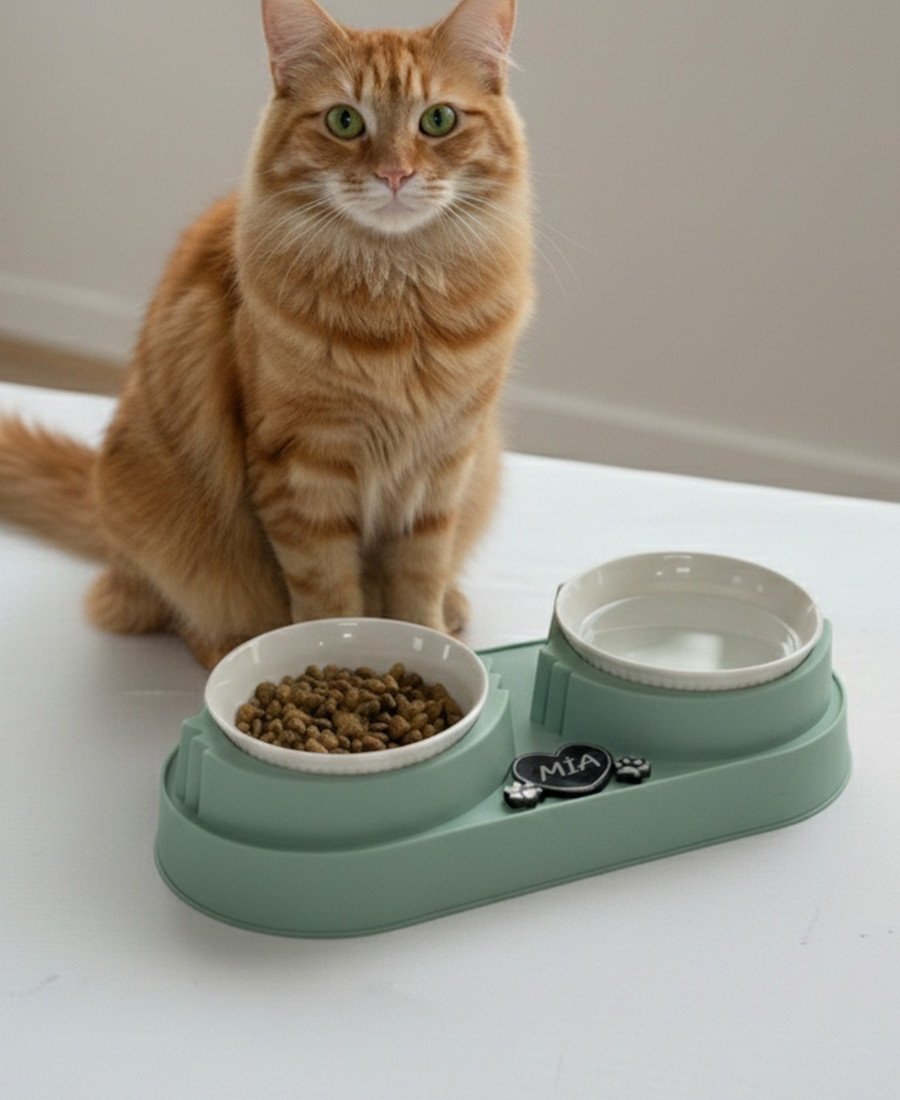 Yeşil Plastik Porselen Kaseli İsme Özel Mama Standı 