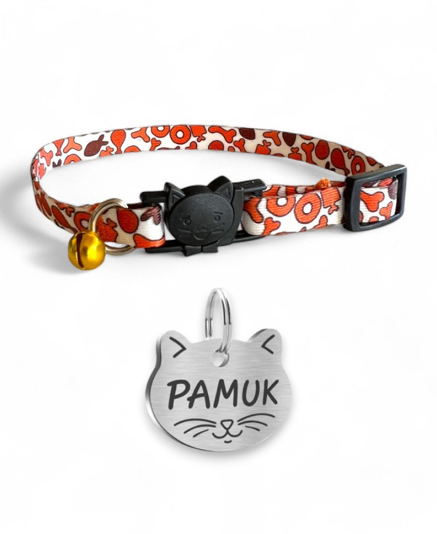 Tasma ve Kedi Kafası Metal Künye Seti Kemik Desen