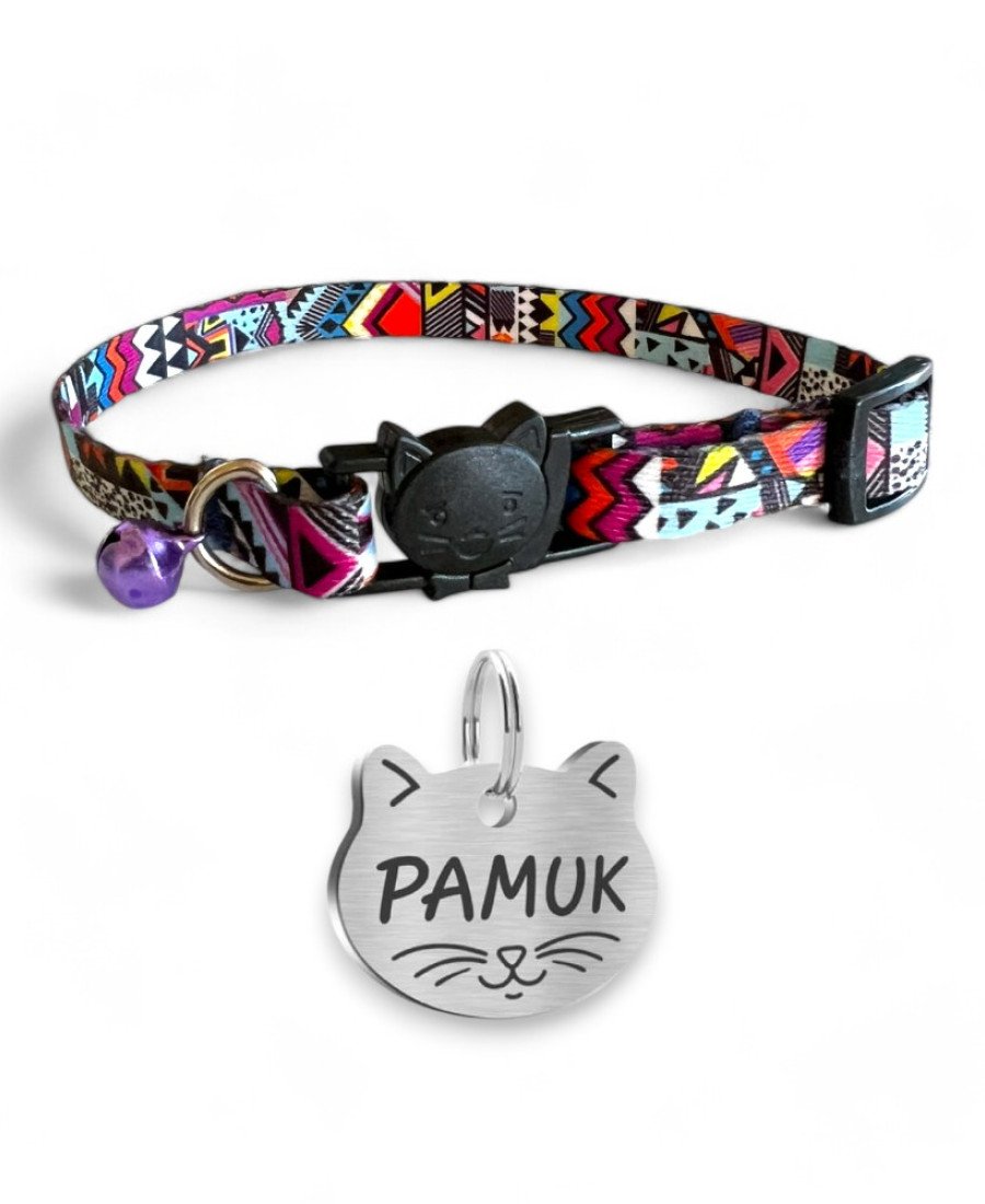 Tasma ve Kedi Kafası Metal Künye Seti Etnik Desen