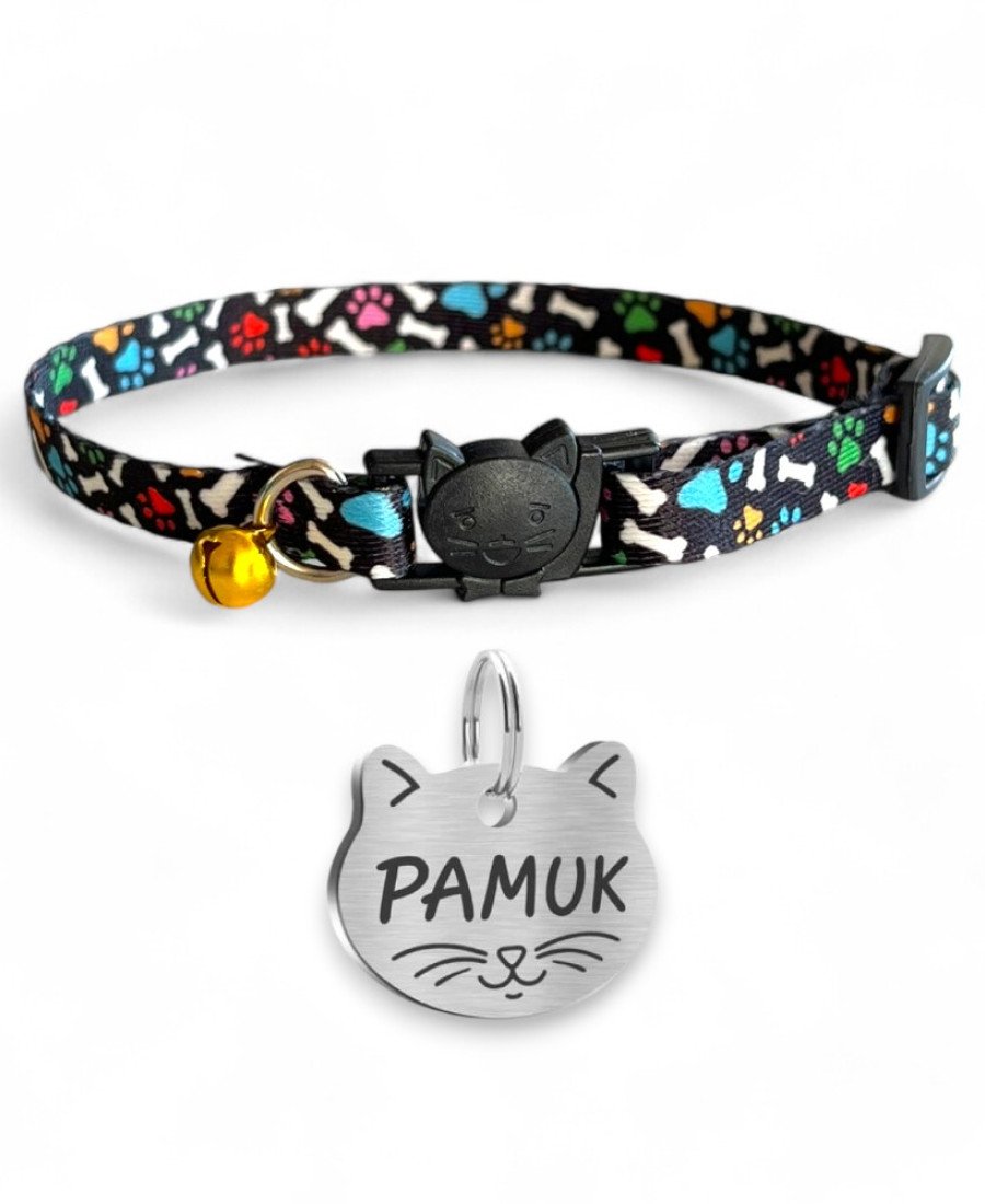 Tasma ve Kedi Kafası Metal Künye Seti Pati Desen