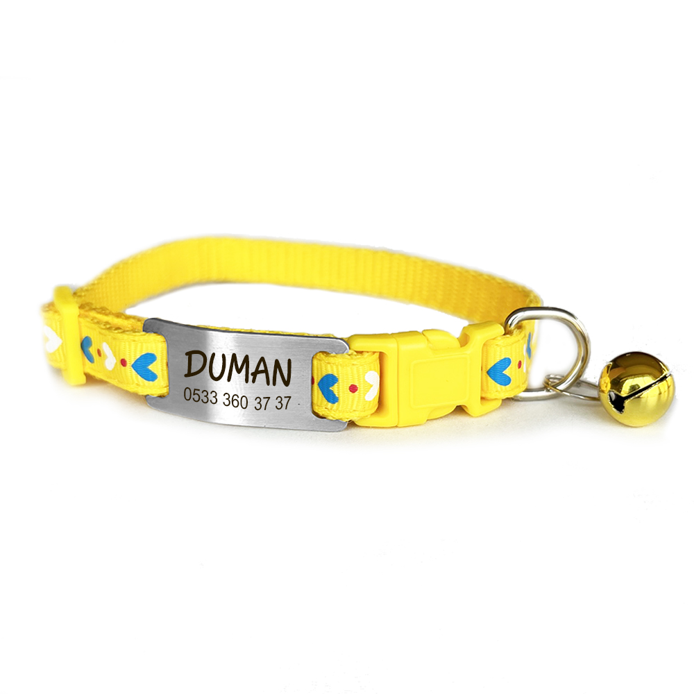 Kediler İçin Sarı Kalp Desenli Tasma Sallanmayan Metal Künye