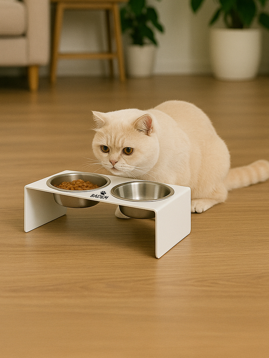 Düz Ayak Metal Mama Kabı Mat Beyaz Çelik Kaseli