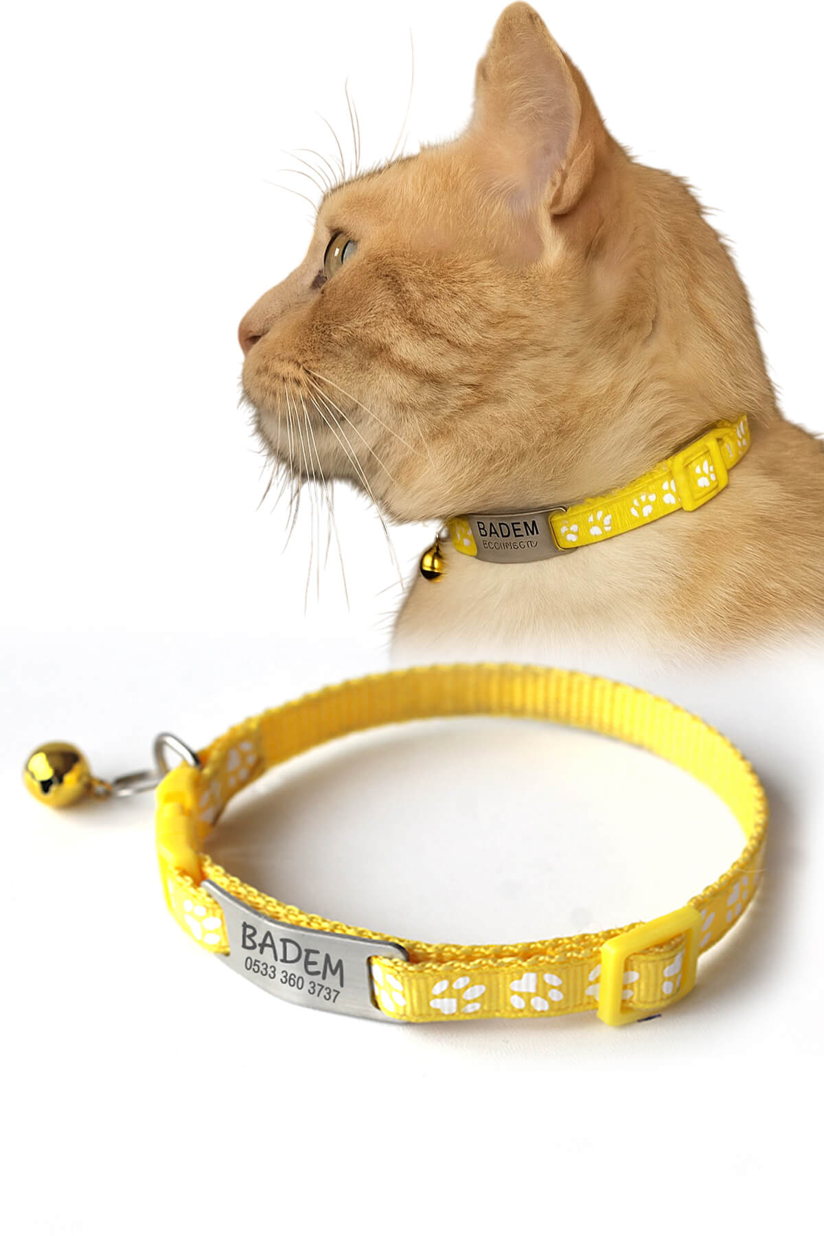 Kediler İçin Metal Künye ve Sarı Tasma Sallanmayan Tasma