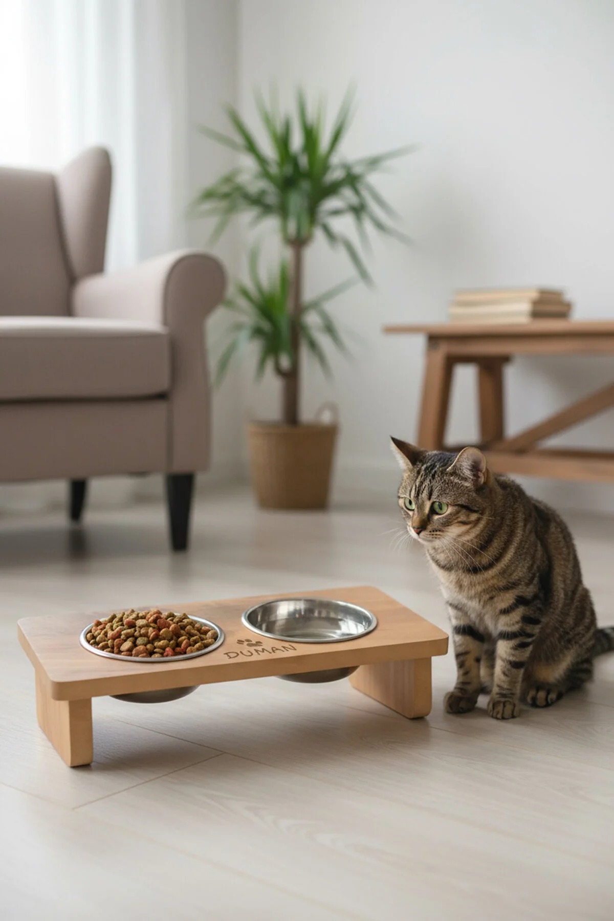 MDF Ahşap Mama Kabı Çelik Kaseli