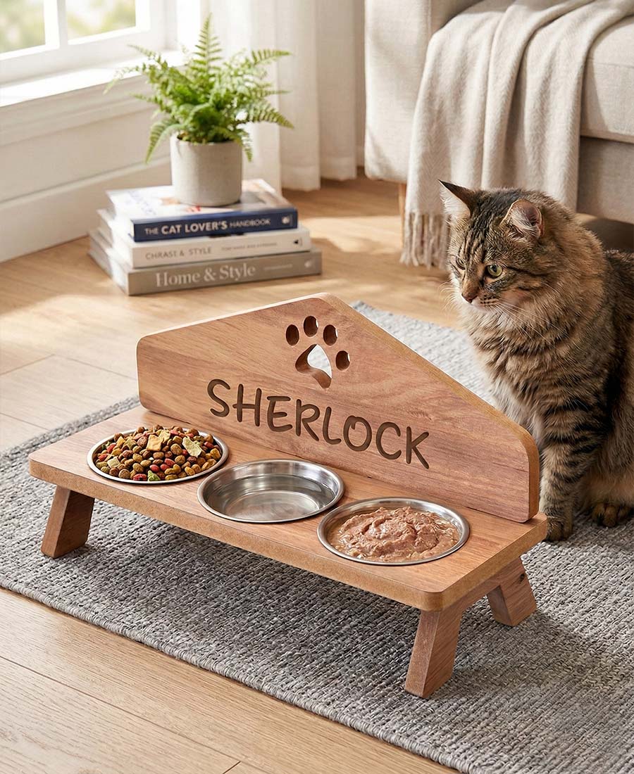 MDF Ahşap Üç Kaseli Mama Kabı 7871