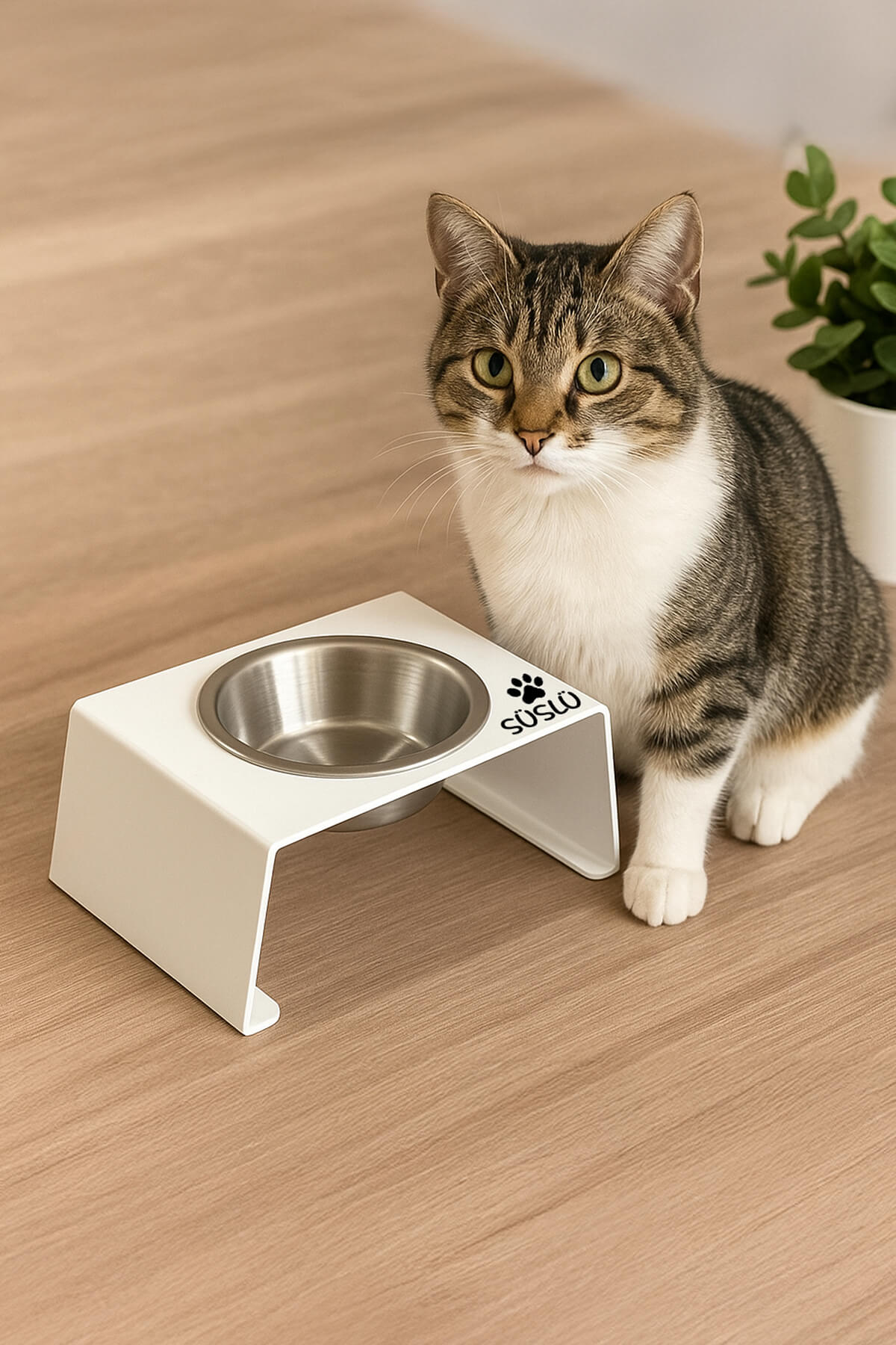 Premium Tek Kaseli Metal Mama Kabı Beyaz